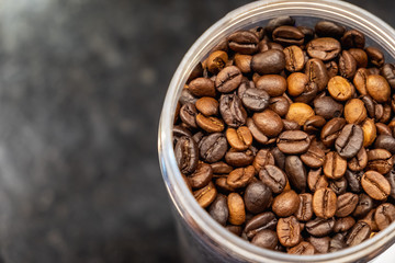 the coffee beans in glass jar