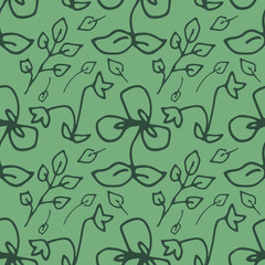 Flowers and leaves seamless pattern. Hand-drawn doodle green vector background.