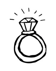 A ring with a diamond. Hand drawn doodle contour black and white vector isolated illustration.