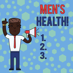 Word writing text Men S Health. Business photo showcasing state of complete physical mental and social well being by analysis Man Standing with Raised Right Index Finger and Speaking into Megaphone