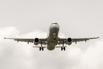 Airbus a320 landing landing in cloudy sky.