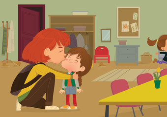 Illustration of a Mother Gives a Goodbye Kiss to her daughter. Mum Gives Kiss to the child at the school door. Preschool girl say hello to mom at Montessori school. Vector illustration.