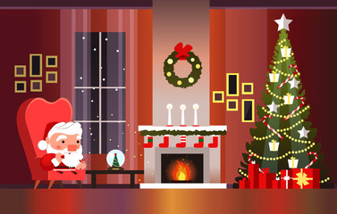 Christmas banner with fireplace, Christmas tree and Santa Claus. Santa Claus with a bag of gifts.