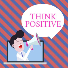Naklejka premium Handwriting text writing Think Positive. Conceptual photo The tendency to be positive or optimistic in attitude Man Speaking Through Laptop into Loudhailer Blank Speech Bubble Announce