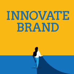 Conceptual hand writing showing Innovate Brand. Concept meaning significant to innovate products, services and more Back view young long hair woman holding blank square announcement