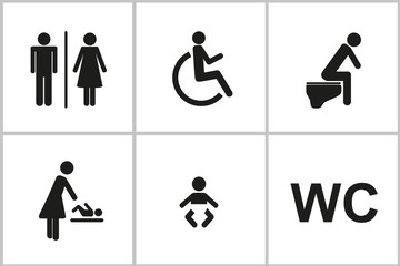 set of WC icons gender male female baby change handicapped toilet isolated on a white background pictogram vector illustration EPS10
