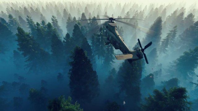 Black Hawk Helicopter flying over pine forest covered with morning fog