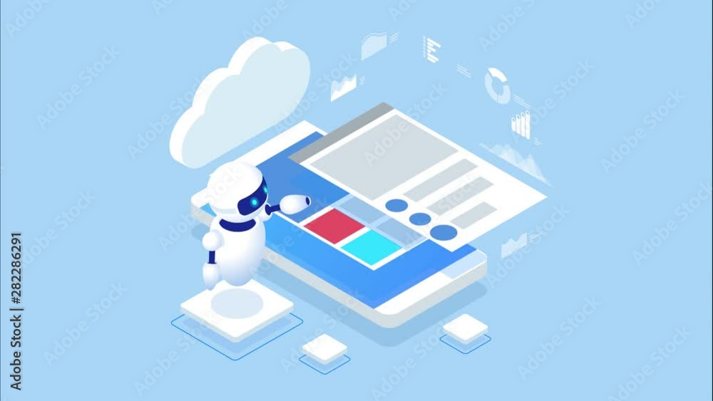 Poster isometric bot and cybersecurity, artificial intelligence concept. ai and business iot concept. dialo
