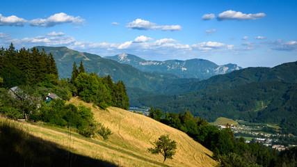 mountain range of the "Bruck an der Mur" region with blue sky near Graz in Styria, Austria