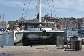 Catamaran in the old port of Marseille (“Vieux-Port de Marseille” in French)