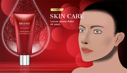 Red facial foam with big water drop and lady face on red background