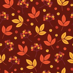 Fototapeta premium Seamless pattern with autumn foliage and rowen berry. Flat vector illustration.