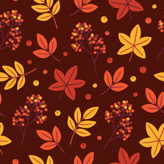 Seamless pattern with autumn foliage and berries.