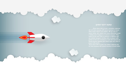 Naklejka na ściany i meble Paper art of rocket illustration flying over cloud. beautiful scenery with white clouds, vector art and illustration.