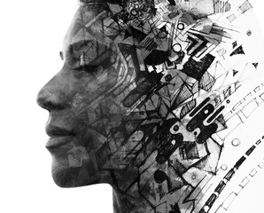 Double exposure. Paintography. Close up portrait of an attractive woman with strong ethnic features combined with unusual hand drawn painting, black and white