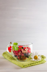 fresh multicolored currant berries in a mug on a white background