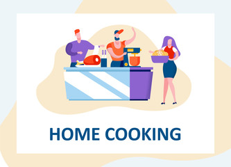 Happy Men and Woman on Kitchen Cooking Party Meal