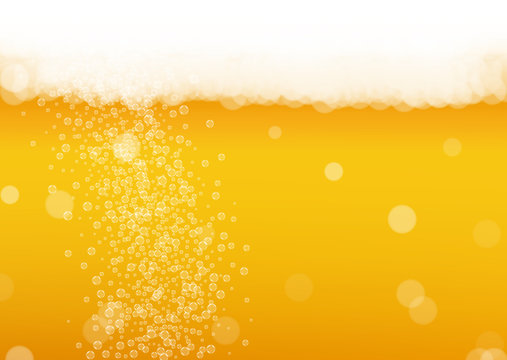 Beer foam. Craft lager splash. Oktoberfest background. Froth pint of ale with realistic white bubbles. Cool liquid drink for pub menu template. Orange glass with beer foam.