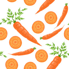 Seamless pattern with carrots on a white background. Fresh vegetables whole, slices and green leaves. Vector illustration in flat cartoon style.