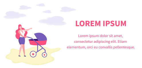 Happy Family, Young Woman Walk with Baby Carriage