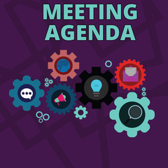 Word writing text Meeting Agenda. Business photo showcasing An agenda sets clear expectations for what needs to a meeting Set of Global Online Social Networking Icons Inside Colorful Cog Wheel Gear