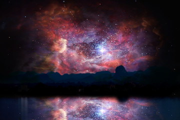blur ancient stardust nebula back on night cloud sunset sky reflection on river