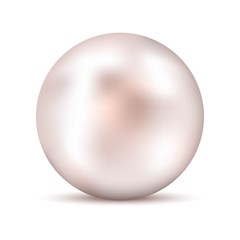 Realistic white pink pearl with shadow. Shiny oyster pearl for luxury accessories. Sphere shiny sea pearl. Template design for jewerly store or website.