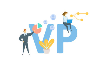 VP, Vice-President. Concept with people, letters and icons. Colored flat vector illustration. Isolated on white background.