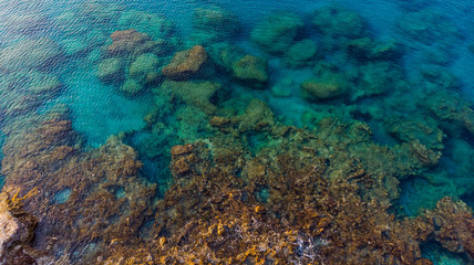 Fototapeta na wymiar Blue Water of Mediterranean Sea , Top Down Drone View