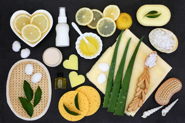 Skincare and body care products including aloe vera and lemon, moisturiser, almond oil, ex...