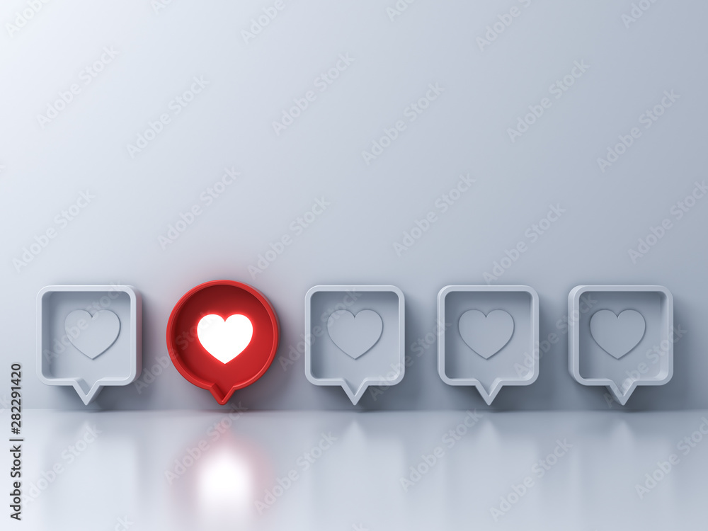 Aufkleber Stand out from the crowd and different creative idea concepts One red 3d social media notification Love like heart icon in red round pin pop up from white wall background with reflections 3D rendering