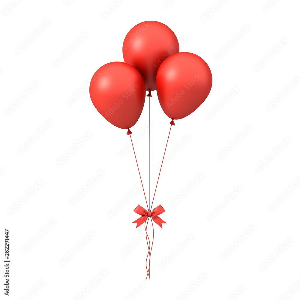 Poster red glossy balloons with red ribbon bow isolated over white background 3d rendering