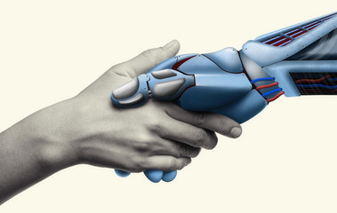 Robot's hand pulls a woman hand. Two hands on rescue position. Artificial intelligence, concept of...