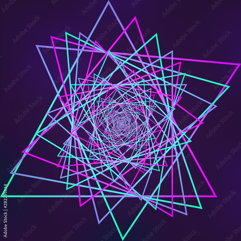 Poster swirling symbol. optical illusion. twisted triangle. 3d wireframe abstract tunnel. vector illustrati