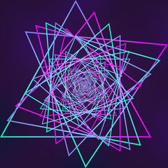 Swirling symbol. Optical illusion. Twisted triangle. 3D wireframe abstract tunnel. Vector illustration.