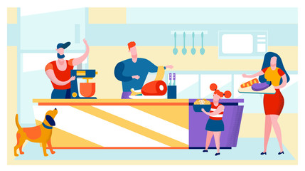 Men, Women and Little Girl on Kitchen Background