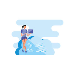 business woman sitting in cloud computing with laptop