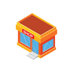  Isometric shop store building.  Isometric shop or storage orange color building, with windows and door. Store or shop isometric icon.