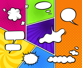 Comic book background. Blank white speech bubbles of different shapes. Vector illustration