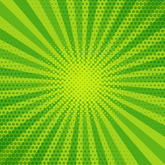 Retro comic rays green dots background. Vector illustration in pop art retro style