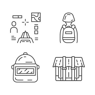 Online Game Inventory Linear Icons Set. Safety Helmet, Package, Container, Shooter From First Person, Tactical Backpack. Thin Line Contour Symbols. Isolated Outline Illustrations. Editable Stroke