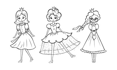 Coloring page outline of cartoon cute princesses. Coloring page for Children. Vector illustration.