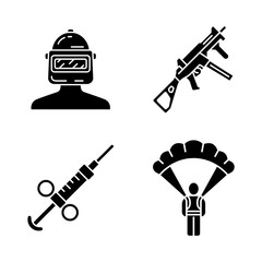 Online game inventory glyph icons set. Esports, cybersports. Computer game equipment. Safety helmet, weapon, gun, parachute, adrenaline syringe. Silhouette symbols. Vector isolated illustration