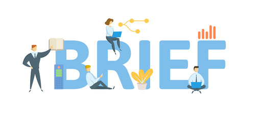 BRIEF. Concept with people, letters and icons. Colored flat vector illustration. Isolated on white background.