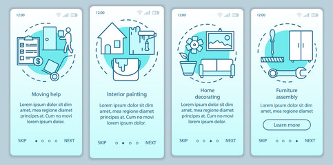 Home services onboarding mobile app page screen vector template. Interior painting. Moving help. Walkthrough website steps with linear illustrations. UX, UI, GUI smartphone interface concept