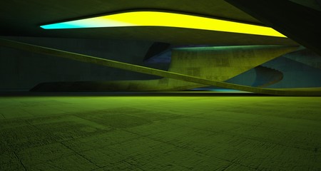 Abstract architectural concrete smooth interior of a minimalist house with color gradient neon lighting. 3D illustration and rendering.
