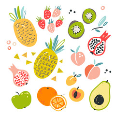 Fruit collection in flat hand drawn style, illustrations set. Tropical fruit and graphic design elements. Ingredients color cliparts. Sketch style smoothie or juice ingredients.