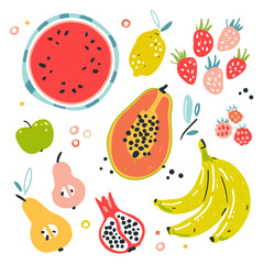  Fruit collection in flat hand drawn style illustrations. Tropical fruit and graphic design elements. Ingredients color cliparts. Sketch style  ingredients. Isolated scandinavian cartoon items