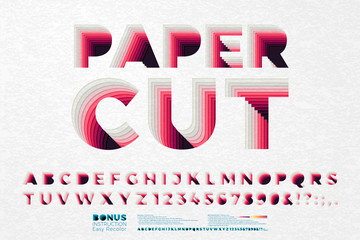 Vector paper cut out font set. Realistic cut through letters with paper texture and easy to recolor instruction.