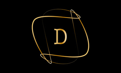 Typographical logo with a large letter D. The emblem with decorative vortices in metallic color is isolated on a black background. Vector illustration.